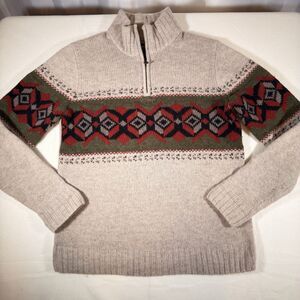 Eddie Bauer Men's Medium 1/4 Zip Sweater Lambswool Classic Preppy Fair Isle